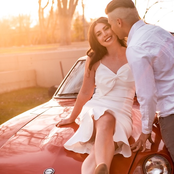 XSCAPE White Ruffled Spaghetti Strap V Neck Vintage Dress - Picture 2 of 8